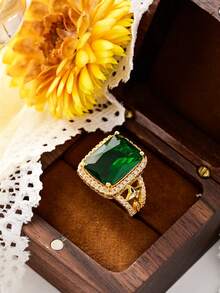 Anel de luxo vintage em cobre banhado a ouro 18K com zircônias sintéticas exageradas nas cores vermelha, esmeralda, preta e turquesa, cravação quadrada estilo princesa, aliança de casamento feminina, joia para o Dia dos Namorados, para uso diário em todas as estações.