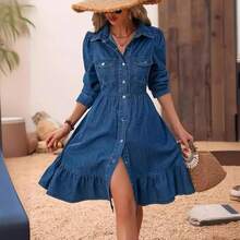 Denim Dress A Line Jean Dresshalloween - 藍色 - 查看 4