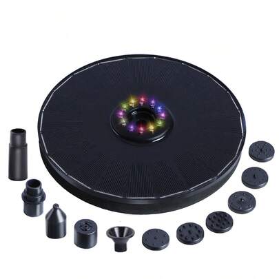 1个太阳能喷泉泵，3瓦太阳能喷泉，带8个喷嘴和彩色LED灯，漂浮式太阳能池塘泵，适用于鸟浴盆、水族箱、池塘、泳池、花园装饰、户外装饰、家居装饰