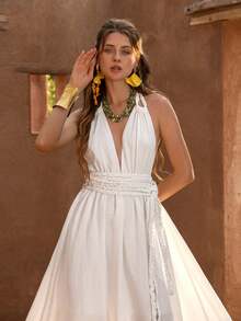 Faeriesty BohoBloom Elegant Deep V-Neck Backless Tie Strap Summer Dress - Refined Beach Vacation, Casual Summer And Bohemian Outings - White - View 1