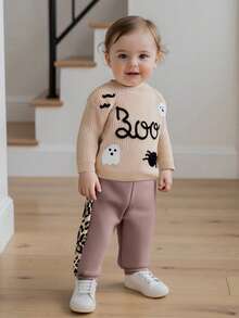 Toddler Baby Girls Boys Halloween Long Sleeves Sweater Casual Letter Ghost Spider Embroidery Pullover Knitwear - Beige - View 5
