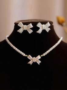 3pcs Of Exquisite Faux Pearl Bow Necklace And Earrings, Specially Designed For Women, Ideal Gift For Girlfriend On Valentine's Day - 彩色 - 查看 13