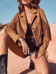 elfnokto Women's Plain Color Long Sleeve Fringe Jacket - 棕色 - 查看 4