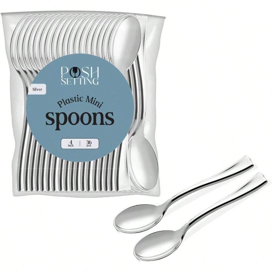 Posh Setting  Silver Plastic Mini Spoons For Desserts, Appetizers, Tasters, I Cream  4 Inch Disposable Tiny Spoons(36 Pack) - 迷你銀勺 - 36 支 - 查看 1