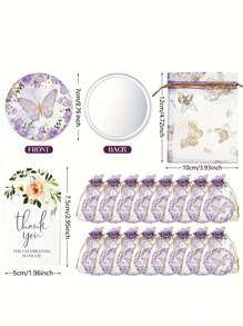 Set de regalo de espejos con diseño de mariposa, incluye 10 espejos con estampado de mariposa, 10 bolsas de organza, 10 tarjetas de agradecimiento con diseño floral. Ideal como recuerdo para bodas, despedidas de soltera, fiestas de cumpleaños y fiestas con temática de mariposas. Disponible en 3/15/30 piezas