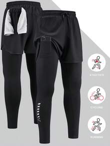 男士超轻速干运动裤 | 凉爽舒适弹力运动健身训练裤 | 户外骑行舒适田径跑步透气轻便吸汗运动裤 | 适合健身房锻炼和跑步的长款运动裤 | 男士二合一运动长裤 | 运动健身长裤，带手机和毛巾口袋 - 黑色 - 查看 1