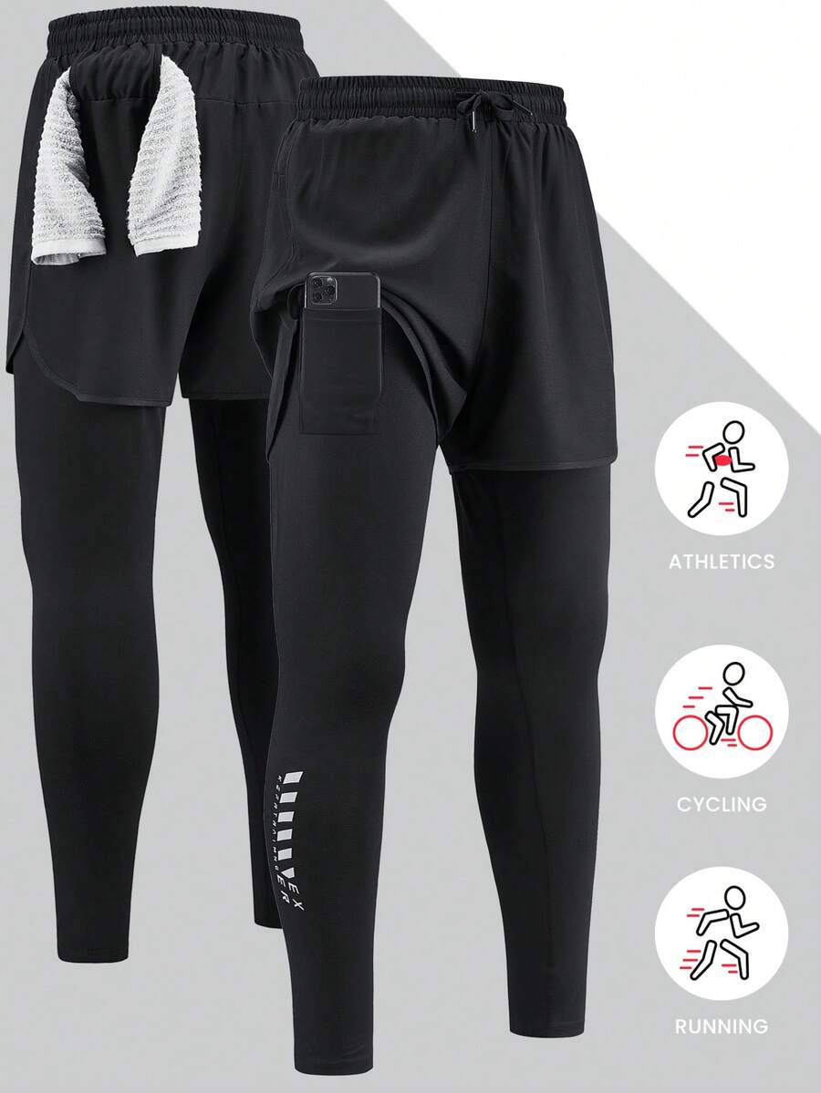 男士超轻速干运动裤 | 凉爽舒适弹力运动健身训练裤 | 户外骑行舒适田径跑步透气轻便吸汗运动裤 | 适合健身房锻炼和跑步的长款运动裤 | 男士二合一运动长裤 | 运动健身长裤，带手机和毛巾口袋 - 黑色 - 查看 1