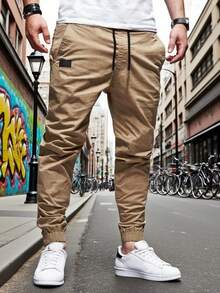 Pantalón Jogger Cargo Casual De Twill De Algodón Para Hombre Pantalones cargo con bolsillos y cordones delanteros simples para hombre, para uso casual diario - Caqui - Ver 1