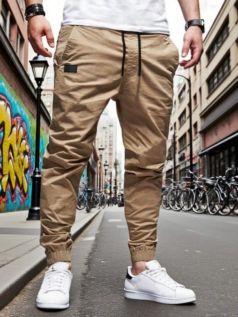 Pantalón Jogger Cargo Casual De Twill De Algodón Para Hombre Pantalones cargo con bolsillos y cordones delanteros simples para hombre, para uso casual diario - Caqui - Ver 1