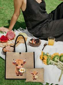 迷人的苏格兰高地牛主题印花亚麻手提包和化妆包，印有捧花小牛图案，零钱包，拉链包，个性礼品包，卡通趣味多功能手提包，黄色亚麻黑色手提包配黑色扣，购物袋 - 彩色 - 查看 8