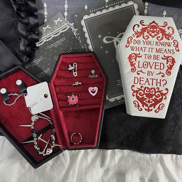 1 pièce Boîte à bijoux cercueil gothique vintage pour Halloween - Étui en PU avec intérieur doublé de velours, organisateur multi-compartiments pour bagues, colliers, boucles d'oreilles - Cadeau d'Halloween élégant pour femme. Organisateur de rangement, accessoires de voyage, retour à l'école, stockage en dortoir
