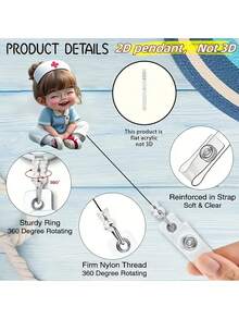 2D 平面亚克力护士女孩证件卡套 - 可伸缩卡扣，耐用标签，适合医学生和执业护士 - 耐用 PMMA 材质，用于工作场所身份识别，医疗标签夹 | 可爱设计 | 耐用亚克力材质，护士配件，返校季，教师礼物 - 彩色 - 查看 6