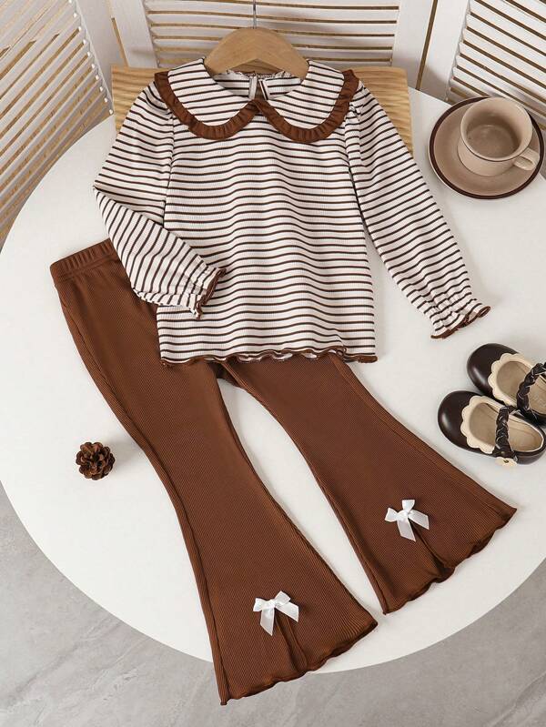 2pcs/Set Young Girls Back To School Striped Ruffle Collar Long Sleeve Top + Solid Color Butterfly Decor Flared Pants Outfit