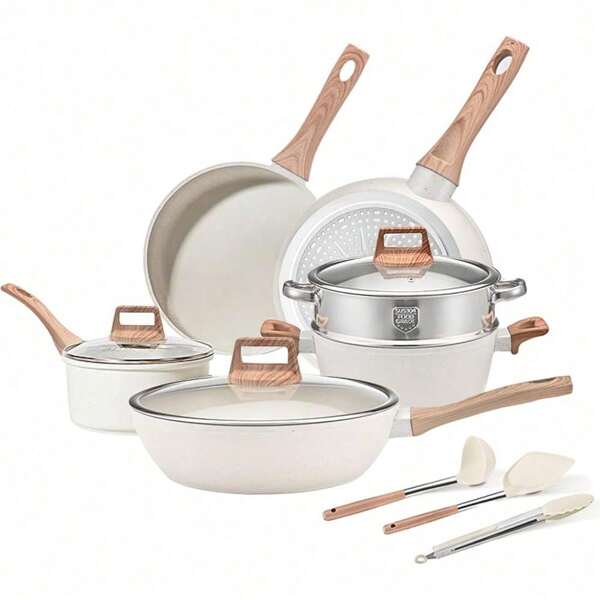 XIULIUU 12Pcs Pots And Pans Set, Nonstick Cookware Sets, White Granite Induction Cookware Non Stick Cooking Set W/Frying Pans & Saucepans(PFOS, PFOA Free)