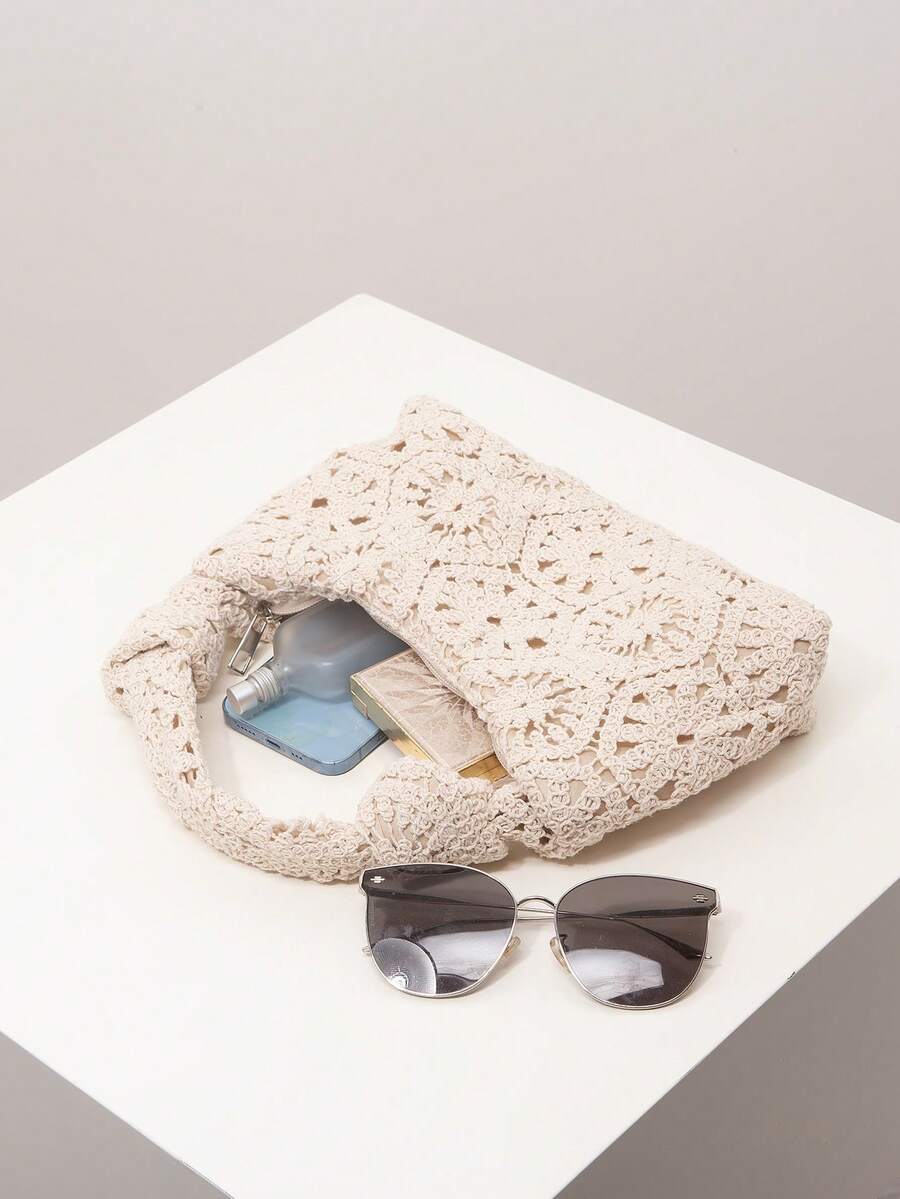 随机图案海滩必备品、拉菲草包、高档女士手提包、钩针编织套装、旅行必备品、女士度假装 - 杏色 - 查看 1