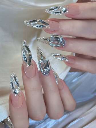 Monina 24Pcs Y2K Style Shiny Pink Crystal Stiletto False Nails, Extra Sparkling 3D Rhinestone Glamorous Press On Nails, Perfect For Commuting, Outing, Dating, Nail Protection, High Rebound, Lightweight, High Adhesion, Comfortable Nail Supplies Nails