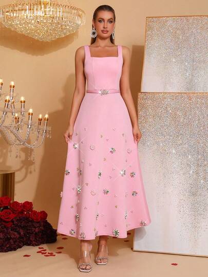 New Elegant Women's Wide Strap Sleeveless A-Line Pleated Loose Pink Maxi Dress, Fashion Ladies' Belted Long Dress, Luxurious Colorful Pearl & Rhinestone Flower Decor Maxi Dress, Women's Wedding Guest Bridesmaid Dress, Holiday Celebration Party Formal Evening Gown