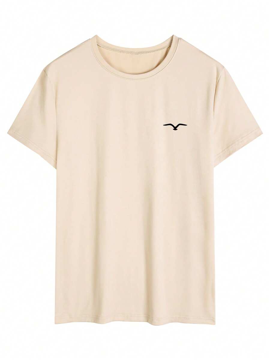 男士海鸥印花圆领短袖休闲 T 恤，夏季 - 杏色 - 查看 1