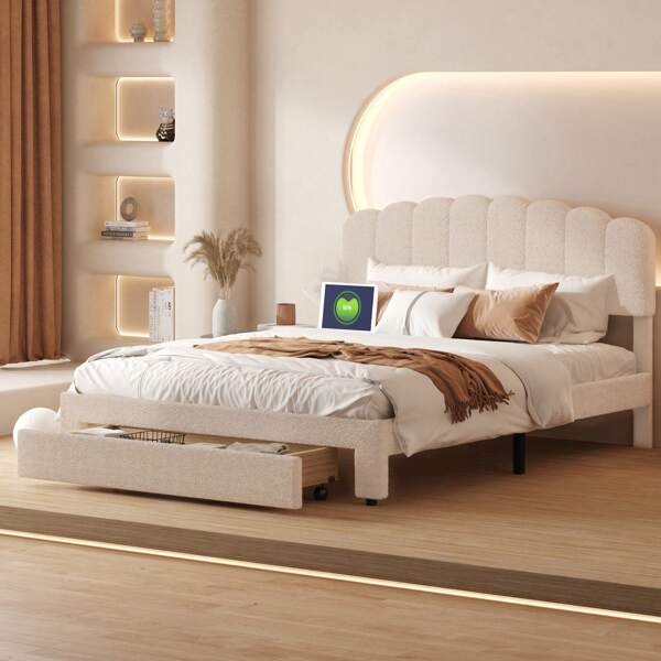 Letto imbottito 140x200 / 160x200 cm letto matrimoniale, letto contenitore con 1 cassetto e rete a doghe, giroletto con schienale, letto matrimoniale con testiera regolabile in altezza e funzione di ricarica USB, Teddy Velvet, Beige