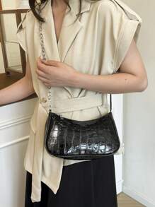 Nova Chegada Bolsa de Ombro Simples, Bolsa Transversal Casual de Couro PU com Estampa de Crocodilo e Corrente para Mulheres