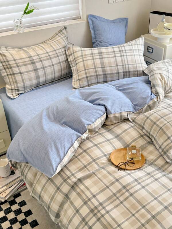 1 set de 4 pièces de couette à carreaux bleus et café, ensemble de literie en coton d'aloès sans imprimé simple, convient pour la chambre à coucher, la chambre d'amis, unisexe (1 couette + 1 drap plat + 2 taies d'oreiller), sans le rembourrage de la couette