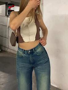 Women's Casual Slim Fit Washed Straight Leg Jeans, Spring/Autumn - Retro Blue - View 4