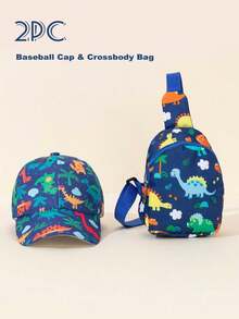 2pcs/Set Kid's Cartoon Dinosaur Print Baseball Cap + 1pc Random Cut Dinosaur Print Crossbody Bag, Cute & Fun, Suitable For Daily Wear, Outdoor, Graduation, Back To School, Children's Holidays, Dopamine Outfit - Multicolor - View 6