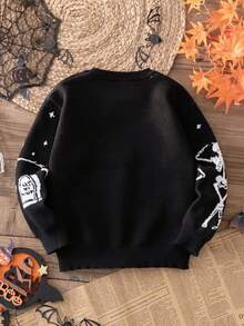 Boys' Halloween Skeleton Knitted Pullover Sweater, Suitable For Holiday, Spring, Autumn And Winter - Black - View 3