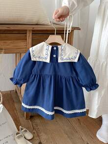 1pc Young Girls Embroidered Floral Ruffled Hem Long Sleeve Dress, Casual Fashion & Comfortable, Autumn - Blue - View 3