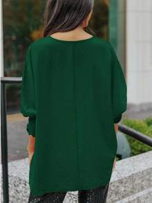 Plus Size Solid Color Round Neck Batwing Sleeve Shirt - Dark Green - View 2