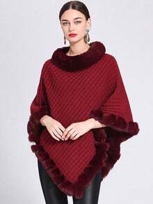 1pc Women's Elegant Solid Color Patchwork Fluffy Oversized Poncho Sweater For Dress