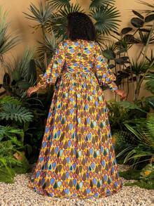 Faeriesty Plus Size Lantern Sleeve Dress | African Style Plus Size Stand Collar A-Line Dress | Women's Vacation, Beach, Park Picnic, Casual City Dress Spring Elegant - Yellow - View 2