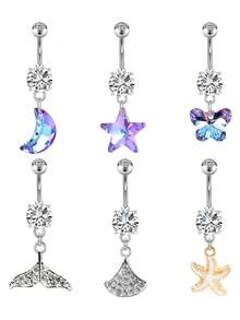 海洋生物肚脐环 14G 银色杠铃海鲜 Moom 女士肚脐环 不锈钢吊坠肚脐环 肚脐穿孔饰品 海滩度假