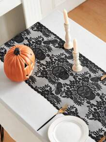 200/180cm Black Lace Skull Print Table Runner, Spider Web Table Runner, 30*45cm Skull Shaped Polyester Square Tablecloth For Decor, Horror Theme Bar Decoration, Home Decor, Wedding Party Decoration, Theme Party Table Decor