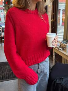 Women's New Autumn And Winter Back To School Sweater Casual Solid Color Simple Daily Short Style Round Neck Long-Sleeved Sweater