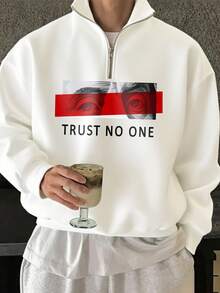 Men's Fashion Streetwear "Trust No One" Letter & Contrast Color Print Decor, Minimalist Versatile Soft Fabric, Suitable For All Seasons - White - View 1