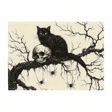 Juego de 1/2/4/6 individuales, estilo de gato negro de Halloween, con patrón de murciélago, tamaño 30x45 centímetros. Los individuales de poliéster de Halloween son adecuados para cocinas/manteles resistentes al calor del hogar, fáciles de limpiar y son accesorios ideales para mesas de cocina del hogar. Son adecuados para reuniones familiares y ocasiones interiores y son la mejor opción para la decoración de Halloween.