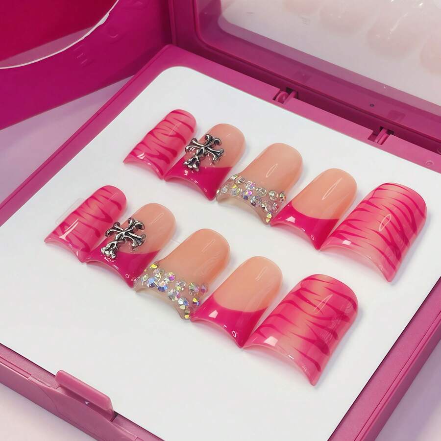 Red Fantasy Y2K Duck Nails Short Press-On Acrylic Nails, 10 Pcs Handmade 2025 Summer Gradient Pink Nails Embellished With Tiger-Stripe Patterns,Silver Cross For Party, Wedding, Holiday & Daily Wear-Reusable Gel Acrylic, Easy Application With Jelly Glue Set Included - 玫紅色 - 查看 1