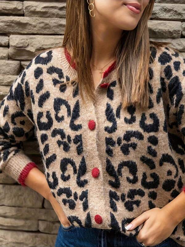 Cárdigan de punto de manga larga con un solo botonadura, estampado de leopardo y ribete de contraste en el cuello y los puños, adecuado para otoño e invierno, talla grande para mujer