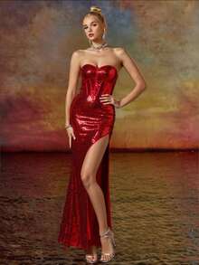 Basrey Bộ đồ liền thân hở lưng hở lưng Belle Tassel Patchwork cổ yếm, thích hợp cho các bữa tiệc, lễ hội âm nhạc, lễ tốt nghiệp - Đỏ - Xem 10