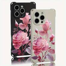 Funda para teléfono 1 pieza, diseño de patrón rosa con cuatro esquinas, funda para teléfono colgante S, adecuada para 15 Plus 13 Pro 14 16 12, fundas blandas impresas de TPU - Colores mixtos 1 - Ver 2