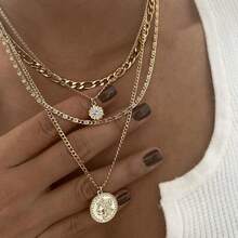 1pc Bohemian Style Portrait Circle Pendant Multi-Layered Necklace With Rhinestone - Yellow Gold - View 6