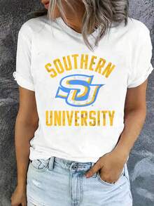 100% Cotton Unisex Round Neck Short - Sleeve T - Shirt, Southern University Logo Graphic Tee, I For Summer Women's Tops - 白色 - 查看 1