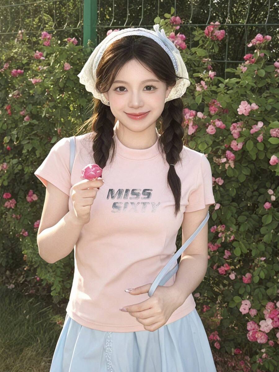 Women's T-Shirt, Short Sleeve, Crew Neck, Summer, Simple, 100% Cotton, Miss Sixty Print - 粉色 - 查看 1