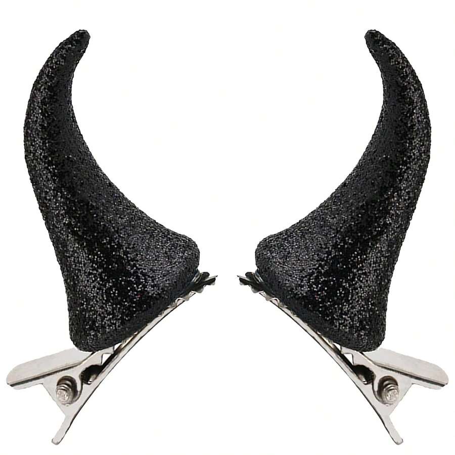 2pcsHalloween Black Devil Horns Hair Clips, Demon Horn Headband For Women Kids, Small Glitter Halloween Devil Costume Cosplay Accessories, 2 Pcs - Multicolor - View 1