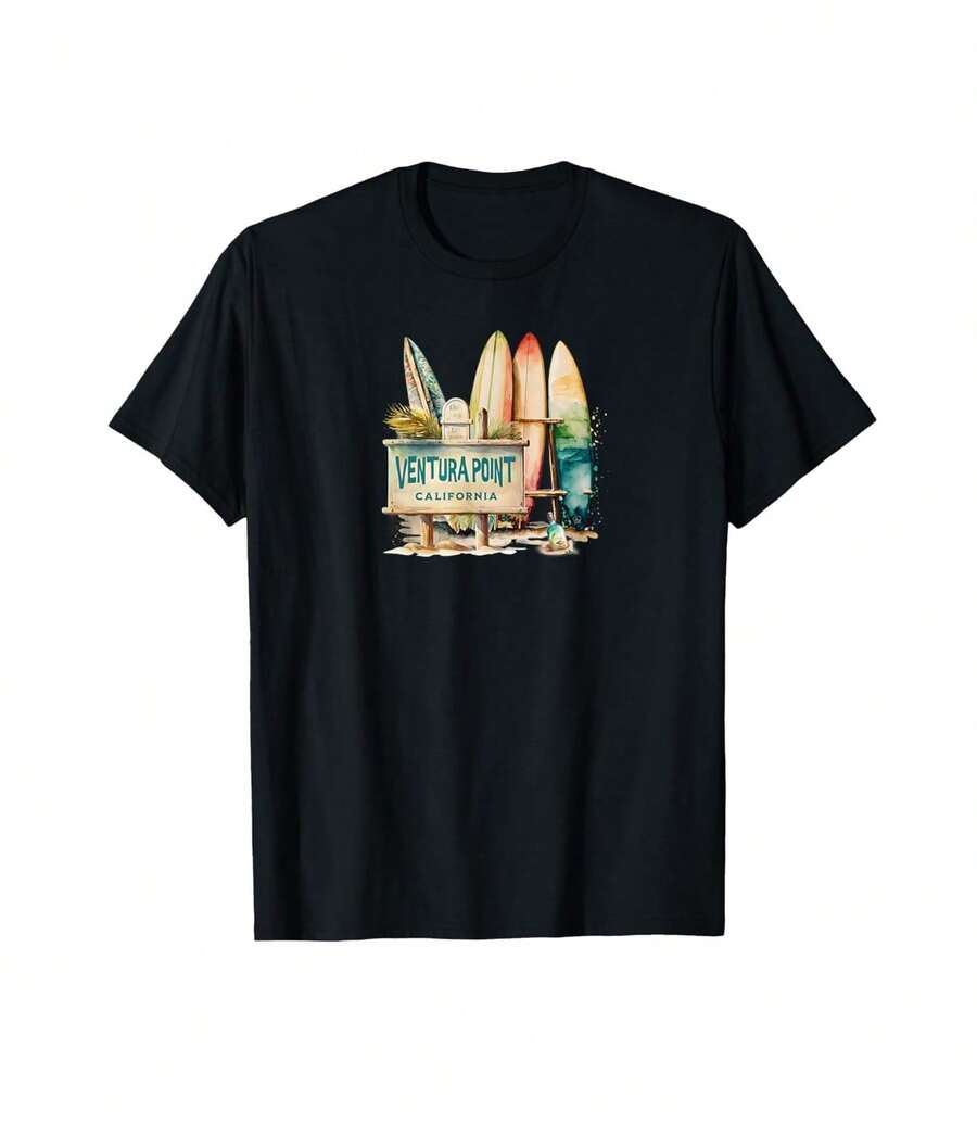 Ventura Point California Surfboard Beach Sign Retro Surf T-Shirt Gift For Music Teachers Thanksgiving Gift For Hostess - 黑色 - 查看 1