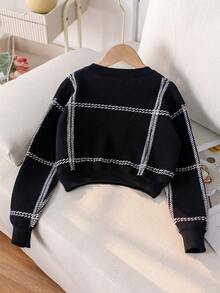 Girls' Simple Plaid Striped Short Knit Pullover Sweater, Suitable For Casual Daily Wear, Spring, Autumn, Winter - Black - View 3