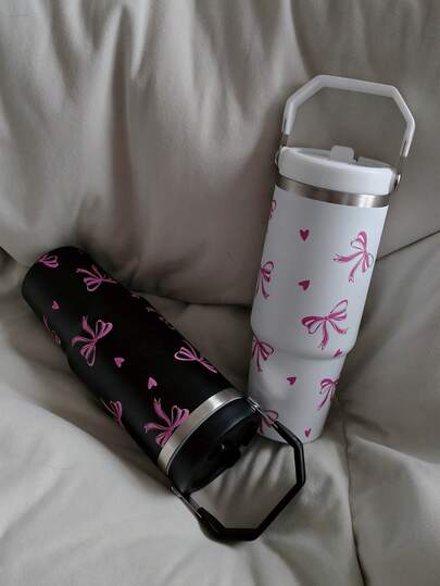 1 Piece 30盎司大号蝴蝶结心形不锈钢水瓶旅行杯吸管真空杯便携大容量旅行杯运动水杯学生水杯车载水杯长效保温