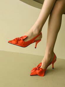 春夏新款蝴蝶结包头凉鞋，细跟女式一脚蹬穆勒鞋，百搭高跟鞋，尺码偏小 - 橘色 - 查看 2