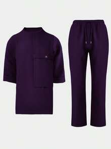 2pcs/Set Men's New Dashiki Short Sleeve Shirt And Drawstring Pants Set, Black, Spring/Summer, African Style Casual Outfit For Street, Party, Wedding, Business, Daily Wear, Cultural Events, Traditional Ceremonies - Purple - View 3